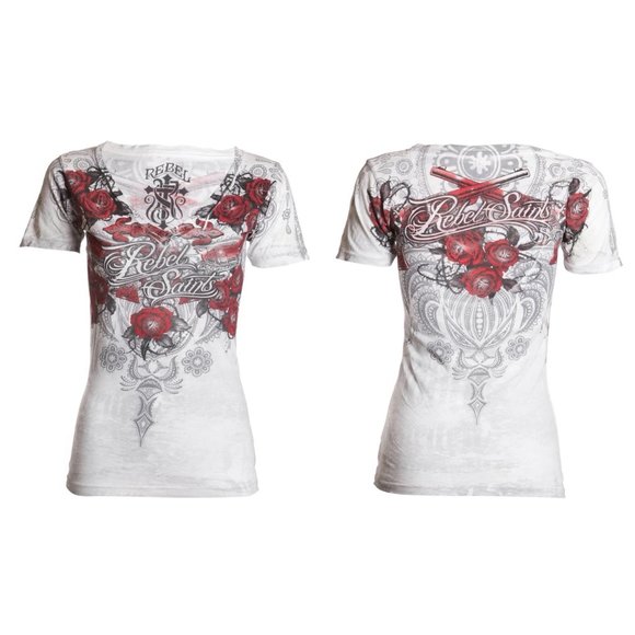 T-shirt Donna Rebel Saint By Affliction Mosca Sopra Tatuaggio Biker
